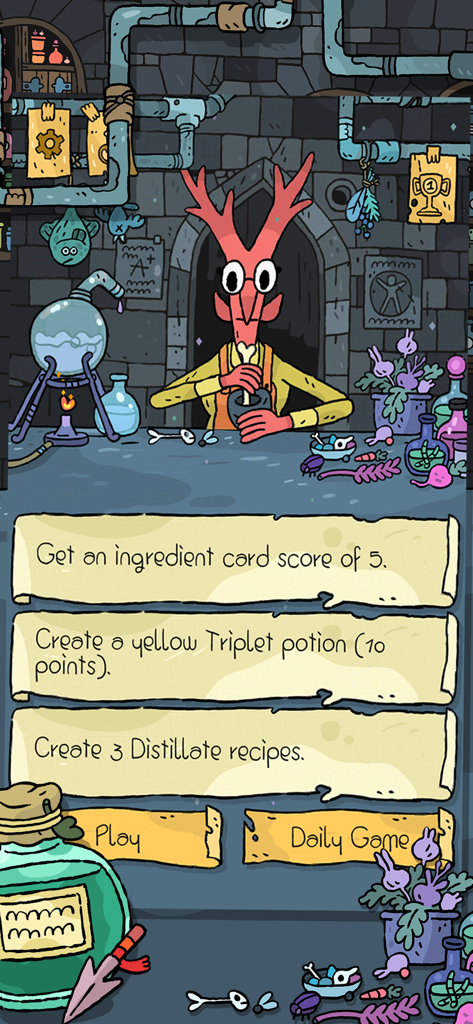 Daily tasks menu in Miracle Merchant showing potion brewing goals and a whimsical alchemist character.