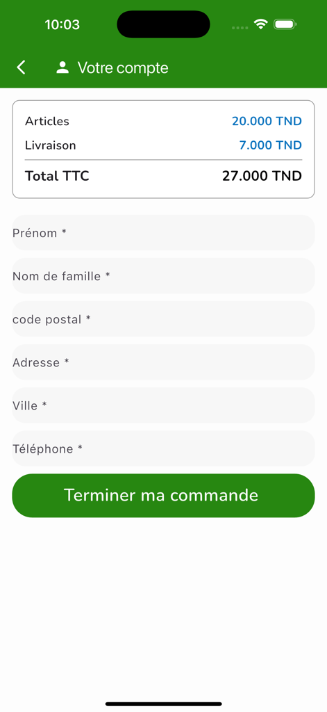 Para Fendri - Checkout screen of the Cresus Shop app showing order summary in TND and shipping address form fields.