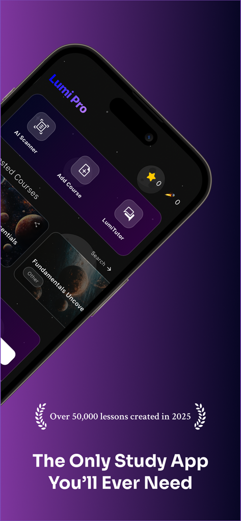 Smartphone exibindo a interface do aplicativo de estudos Lumi AI com galáxias de cursos temáticos espaciais e um painel profissional para estudantes