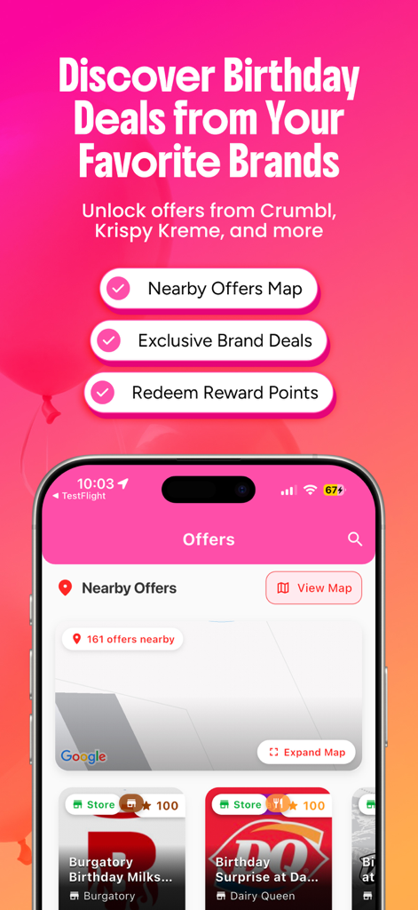 Birthday Hunter: BDay Freebies - Screenshot of the Birthday Hunter app showing a map of nearby birthday deals and exclusive offers from popular brands