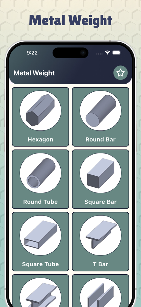 Metal Weight Calculators - Metal Weight Calculators app interface showing a list of selectable metal shapes like hexagon round bar and square tube