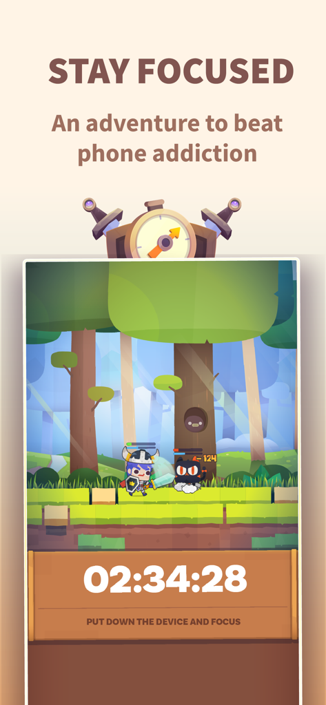 Focus Quest: Study buddy - Captura de pantalla de la aplicación Focus Quest que muestra un temporizador de estudio gamificado con una aventura de héroe RPG en Focusland para vencer la adicción al teléfono.