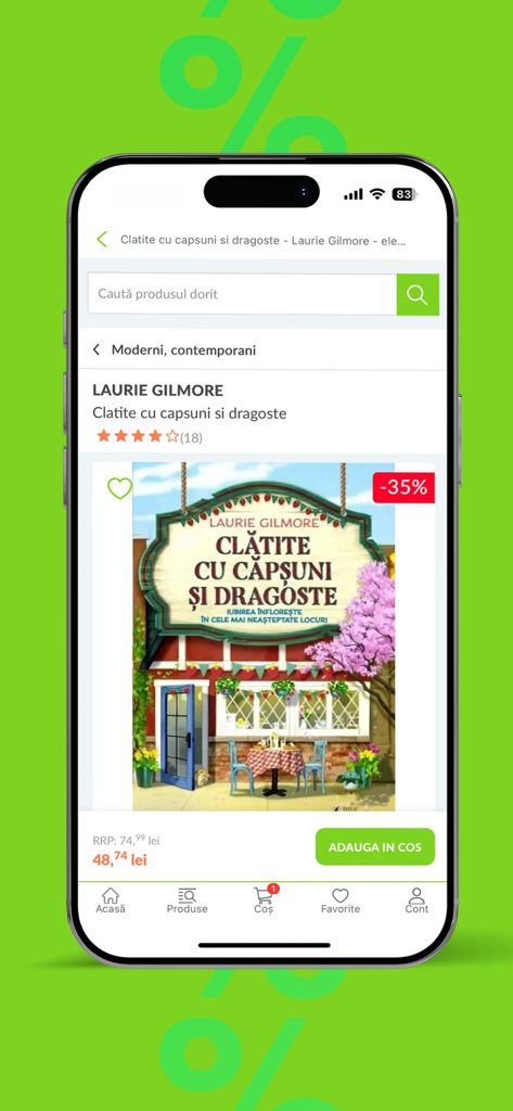 루마니아 서적 목록과 35% 할인 배지가 있는 elefant.ro 앱을 보여주는 휴대폰