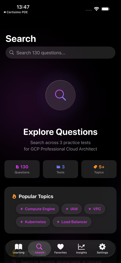 Certisimo PCA - Certisimo PCA app search interface showing practice exam questions and popular cloud topics in dark mode