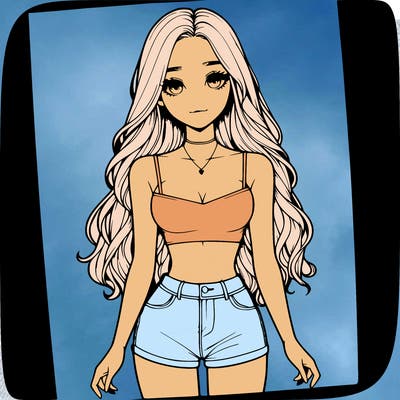 a realistic girl with long hair and in a crop top and shprts