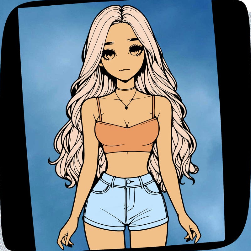 a realistic girl with long hair and in a crop top and shprts
