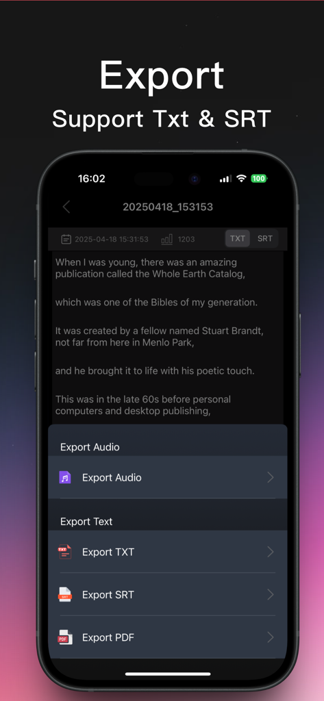 Interfaz de la aplicación móvil que muestra opciones de exportación para audio y texto en formatos TXT, SRT y PDF