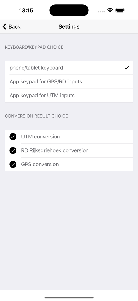 UTM RD GPS coords converter - Settings screen for choosing keypad and conversion types in the UTM RD GPS coordinates converter app
