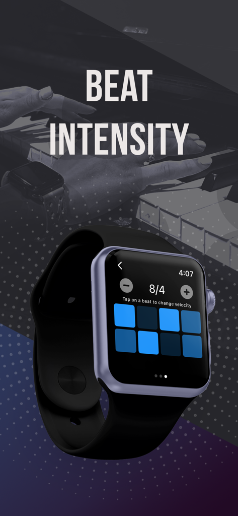 Apple Watch-Oberfläche zeigt ein 8/4-Schlagintensitätsgitter für benutzerdefiniertes haptisches Feedback mit einem Pianisten im Hintergrund an.