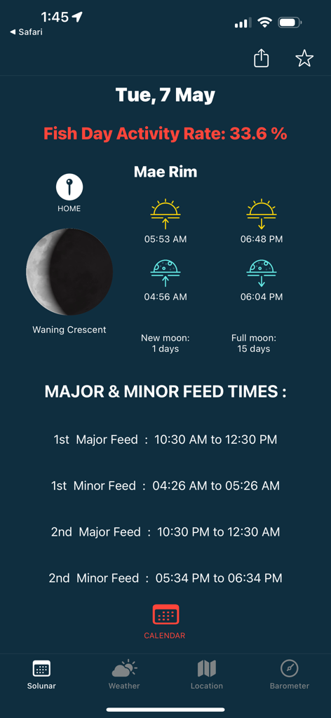 Fishing Solunar Calendar - Interface de l'application Calendrier Solunaire de Pêche affichant le taux d'activité des poissons et les heures d'alimentation