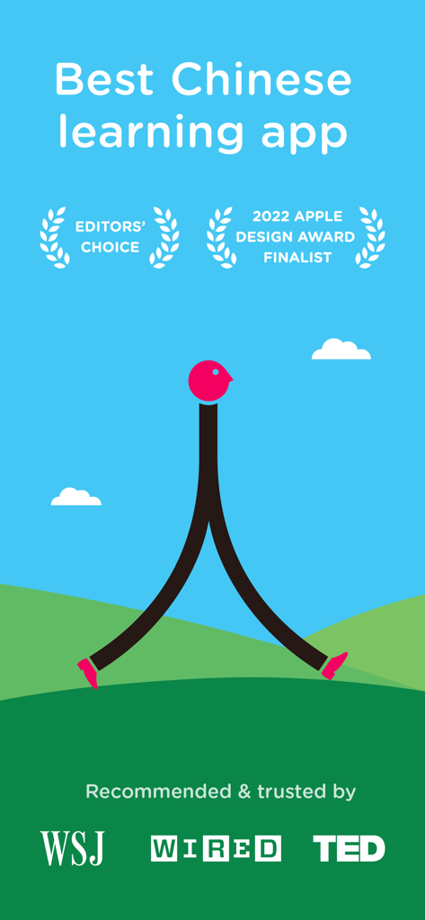 Schermata dell'app Chineasy che mostra il finalista del premio Apple Design e le menzioni dei media da WSJ, WIRED e TED