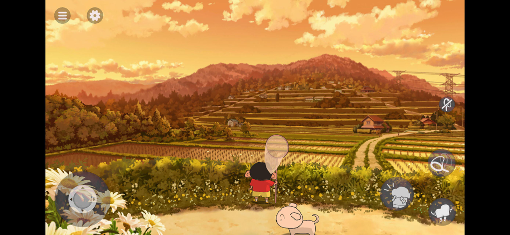 Shin chan: Shiro & Coal Town - Shin-chan che tiene in mano una rete per insetti con il suo cane Shiro in un pittoresco paesaggio rurale giapponese al tramonto