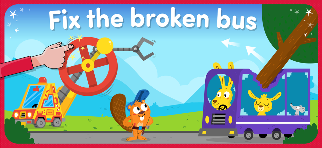 Animal Rescue: Kids games FULL - A cartoon scene from a kids game showing a crane lifting a tree branch off a broken purple bus filled with animals