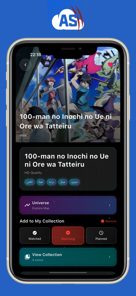 Screenshot of the Anime Slayer app showing anime details with status tracking buttons for watched, watching, and planned.