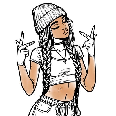 realistic teenage girl with braids and a beanie and crop top doing 🫶🏼