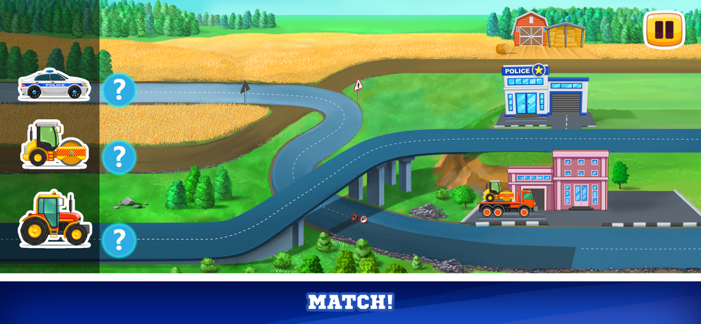 Educational matching game interface where a police car, road roller, and tractor must be paired with their corresponding locations on a map.