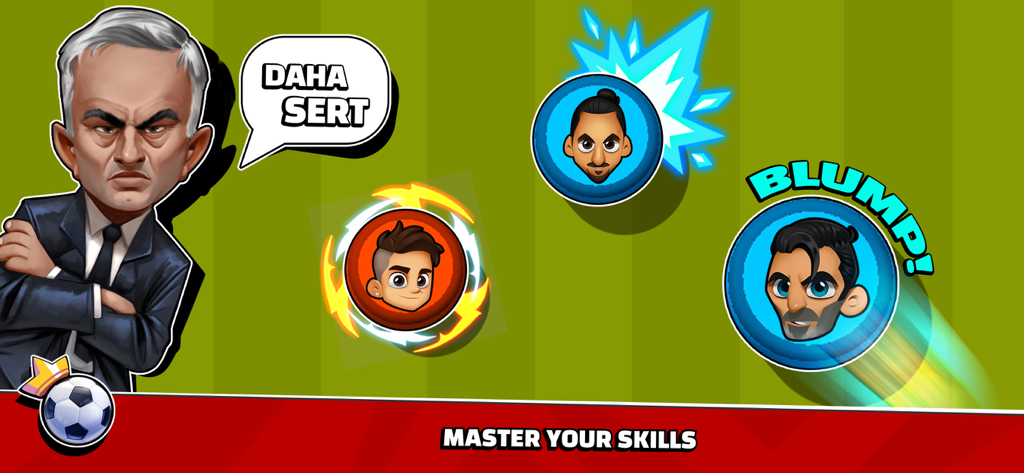 Super Soccer - 3V3 - Cartoon soccer manager and character hero icons showcasing special abilities in Super Soccer 3V3.