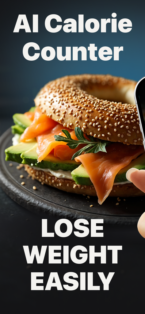 Aplicación de contador de calorías IA mostrando un saludable bagel de aguacate y salmón con texto de pérdida de peso