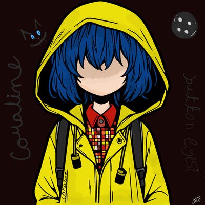 little anime girl in a raincoat her hair is covering her eyes she has a lighter