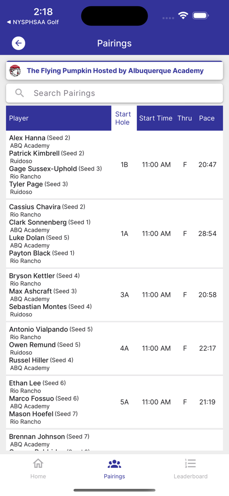 NMAA Golf - NMAA Golf app interface displaying a list of tournament pairings with player names, schools, and start times.