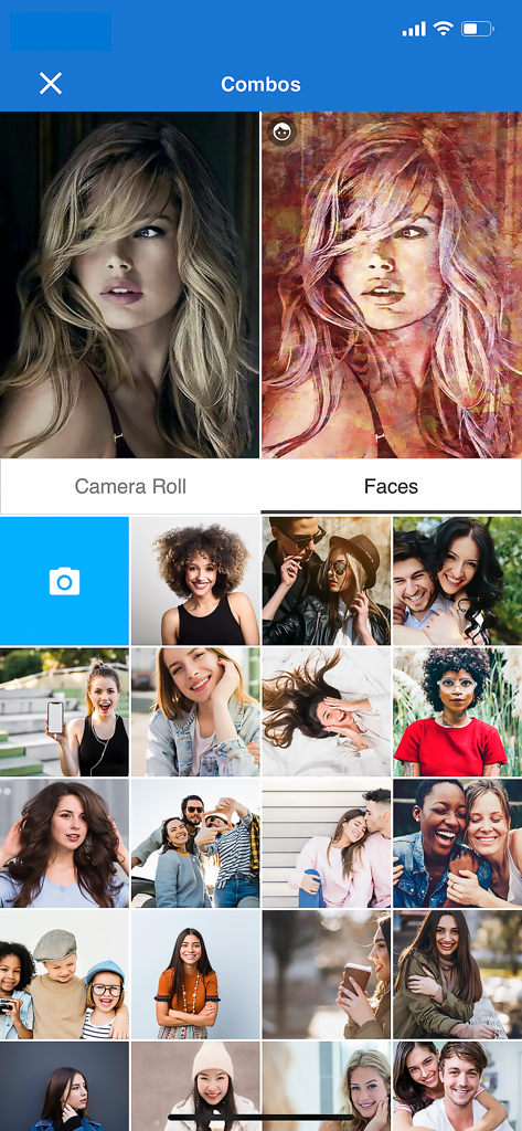 AIportraits - AI Photo Editor - Interface do aplicativo AIportraits mostrando uma comparação lado a lado de uma foto original e um retrato artístico de IA acima de uma galeria de fotos.