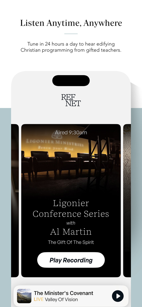 RefNet app interface showing a featured Christian teaching recording and the listen anytime message