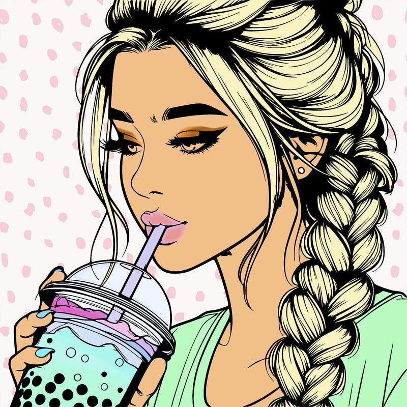 realistic girl drinking boba tea with braided hair