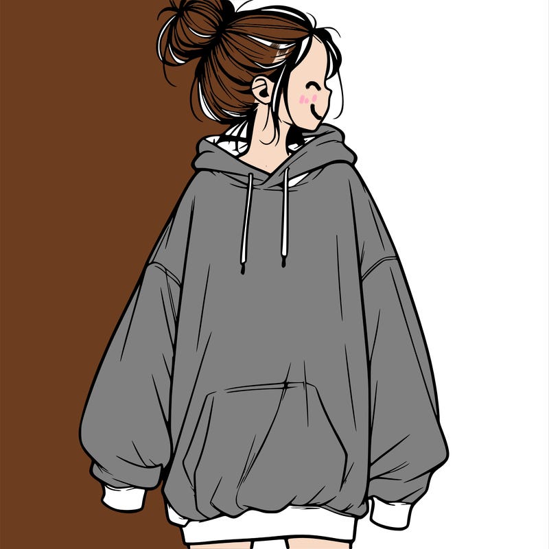 realistic girl with a oversized sweatshirt on and a bun