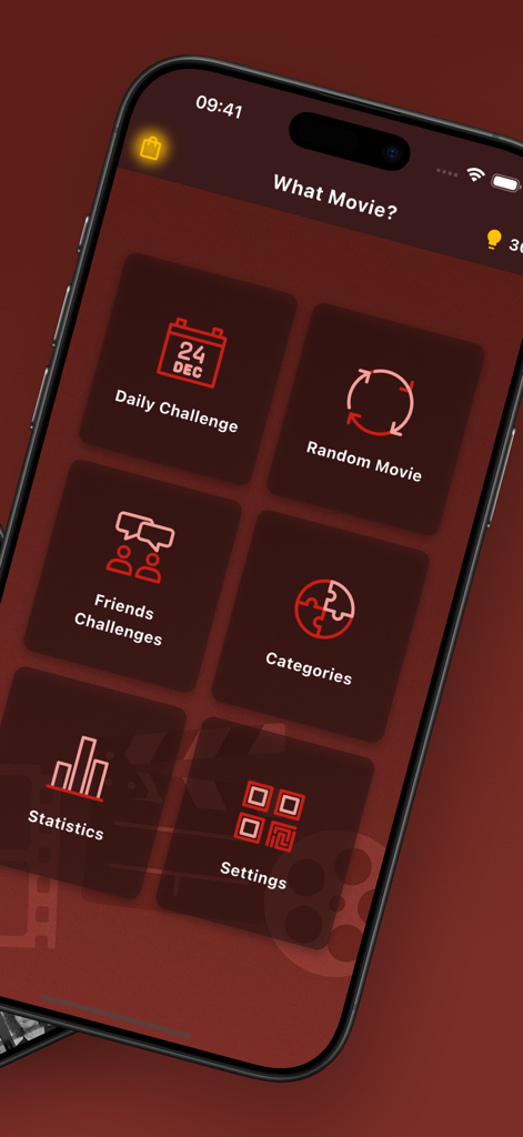 What Movieゲームアプリのメインメニュー。デイリーチャレンジやランダムムービーなどのさまざまなチャレンジモードが表示されます