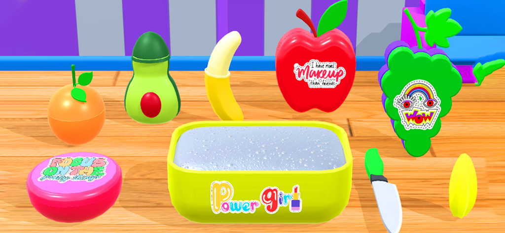 ASMR Makeup Slime Games Fun 3D - Slime azul brilhante num recipiente amarelo rodeado por kits de maquilhagem em forma de fruta