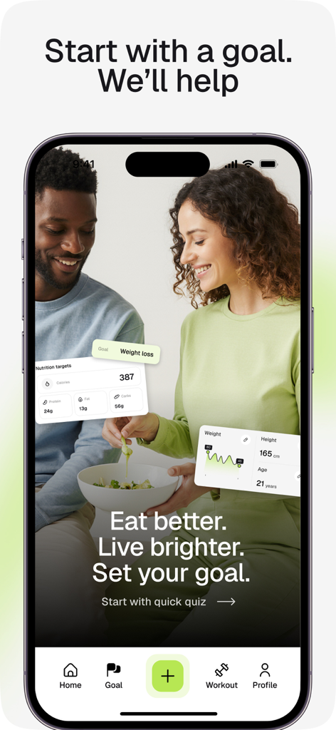 Calori app interface showing nutrition targets and weight tracking goals with a couple eating healthy