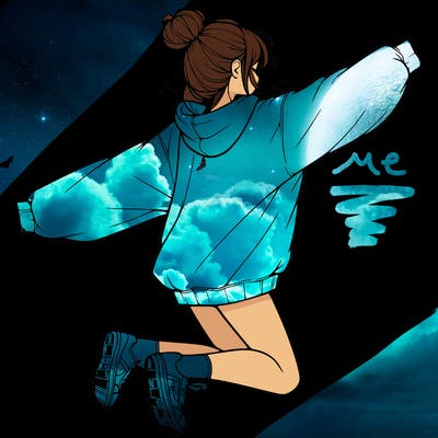 realistic girl jumping with a bun and oversized sweatshirt