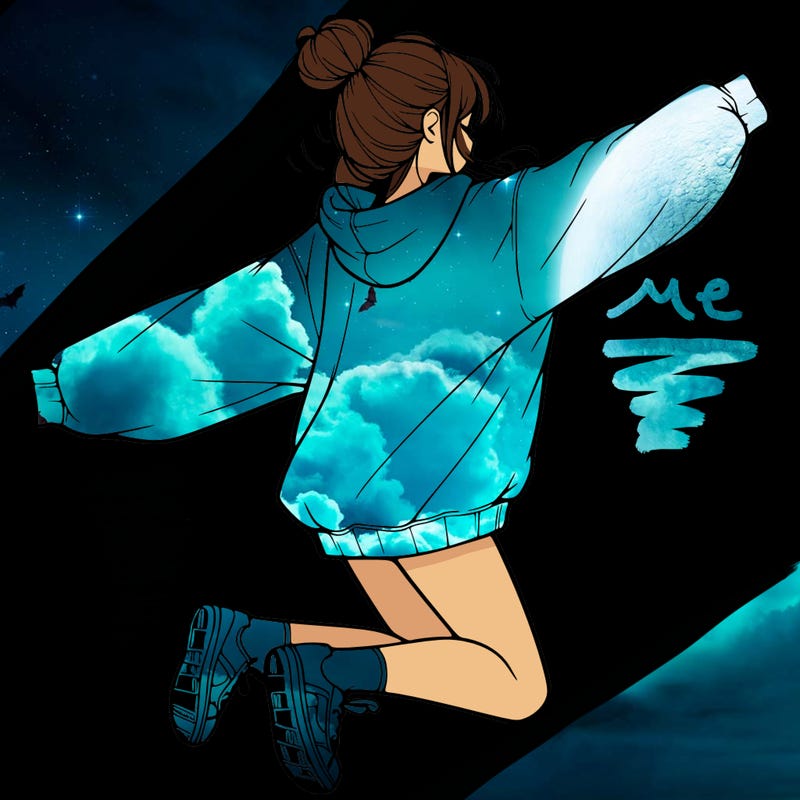 realistic girl jumping with a bun and oversized sweatshirt