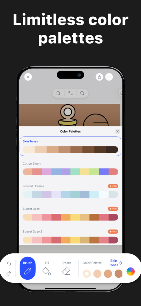 A mobile interface of the Bloom coloring app displaying diverse color palettes like skin tones and pastel themes alongside digital art tools.