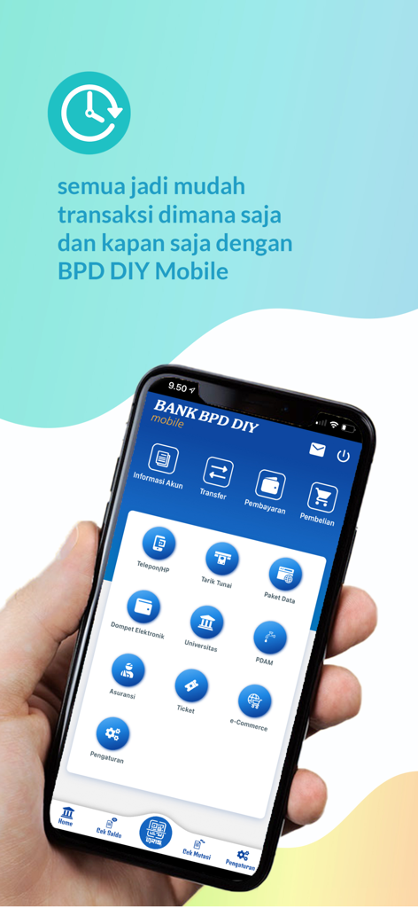 BPDDIY Mobile - BPDDIY Mobile banking app home screen displayed on a smartphone featuring various service icons like money transfer, bill payments, and e-commerce.