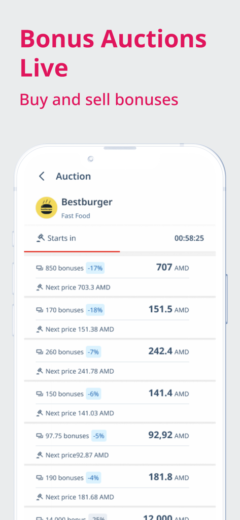 id plus loyalty system - Tela do aplicativo móvel mostrando um leilão ao vivo para comprar e vender bônus de fidelidade