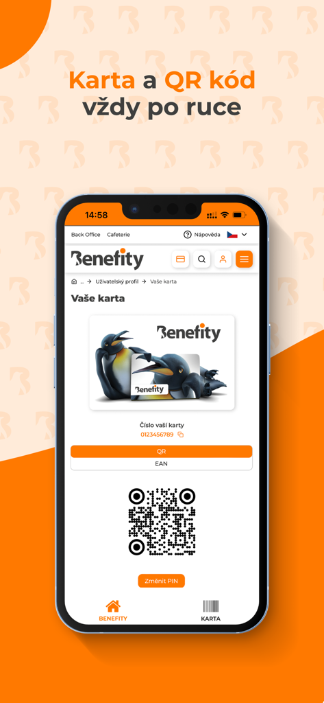 Digital employee benefit card and QR code displayed on the Benefity app for mobile payments