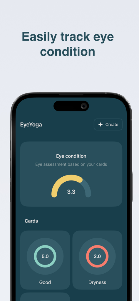 EyeYoga-App-Oberfläche mit Einschätzung des Augenzustands und Karten zur Gesundheitsverfolgung