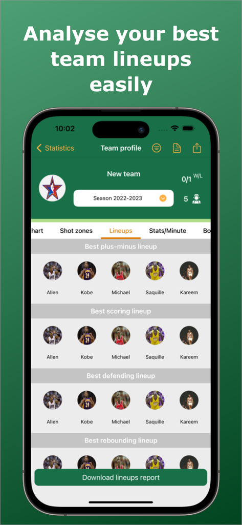 Basketball Stats Assistant - Basketball Stats Assistant app interface showing the best team lineups analysis based on performance statistics.