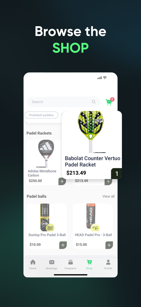 Mobile app interface for browsing and buying padel rackets and balls