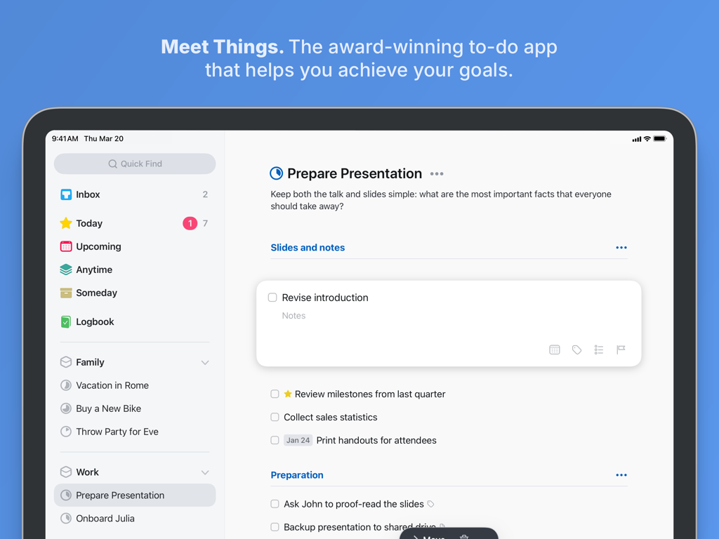 Interface minimaliste de gestion des tâches de l'application Things 3 sur iPad, affichant un projet de présentation avec des listes de tâches et des catégories organisées.