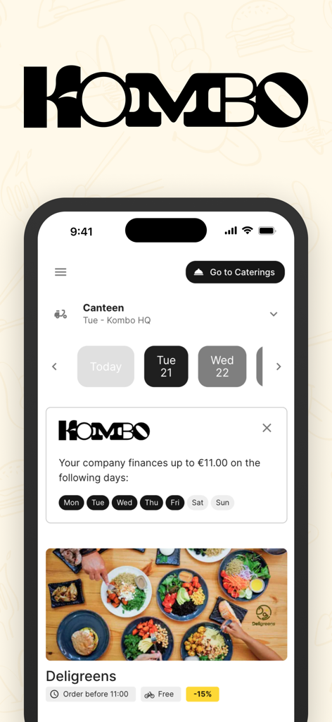 Kombo - Kombo企業ケータリングのモバイルアプリインターフェース。食事のオプションや会社のランチ補助金が表示されています。