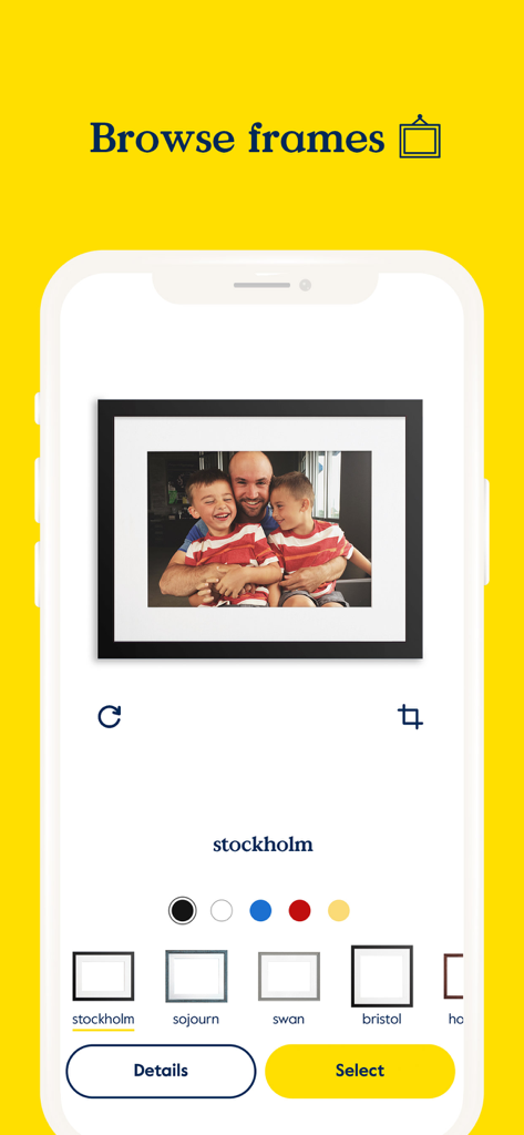 Keepsake Frames - The Keepsake Frames app interface showing a preview of a family photo in a custom black frame.