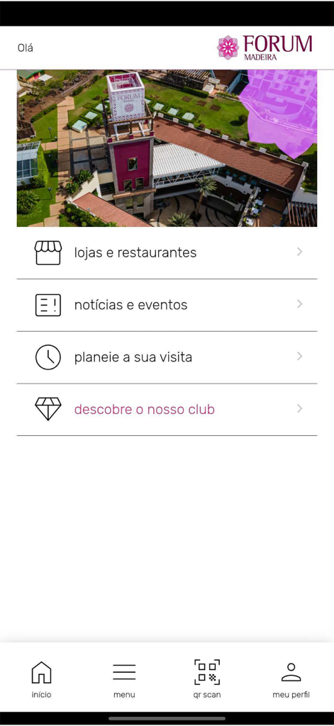 Forum Madeira - Écran d'accueil de l'application Forum Madeira montrant les options de menu pour les boutiques, restaurants, événements et le club de fidélité
