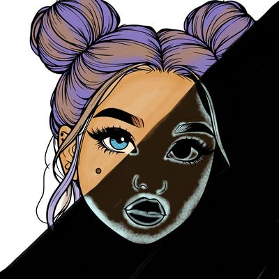 realistic girl with two buns on her hair and lips