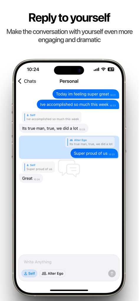 SoloType - Chat with Yourself - SoloType app screenshot showing threaded replies in a conversation between Self and Alter Ego.
