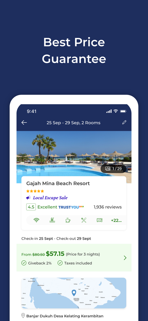 Travala app screen showing hotel booking details with a best price guarantee.