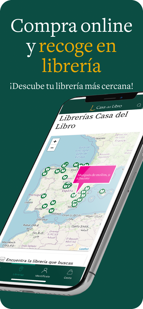Casa del Libro - Smartphone screen showing the Casa del Libro app store locator with a map of bookstore locations across Spain and a pickup in store message.