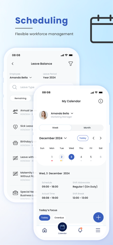 Interfaz de la aplicación móvil Workplaze que muestra la gestión de horarios y saldos de vacaciones.