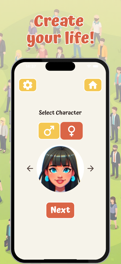 Infinite Life Simulation - Pantalla de selección de personajes de Simulación de Vida Infinita con opciones de género y avatar femenino
